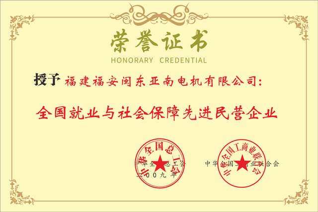 闽东亚南--全国就业与社会保障先进民营企业（2009）